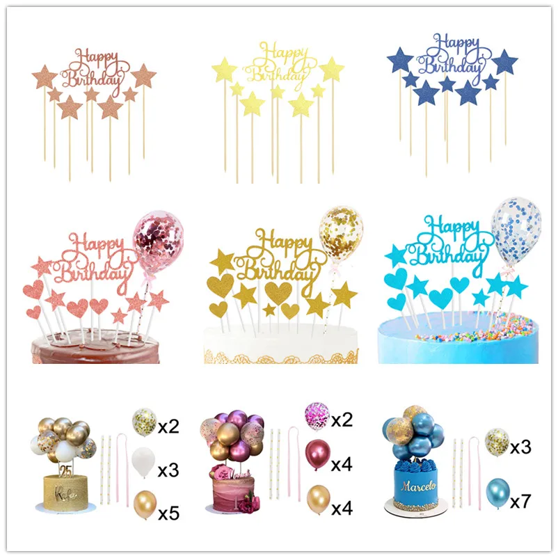

1Set Love Star Cake Topper Gold Glitter Cake Topper Happy Birthday Party Decoration for Birthday Party Supplies Cupcake Topper
