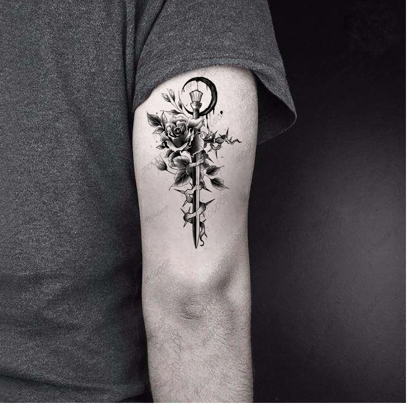 

Tattoo Sticker Sword Lunar Moon Rose Flower Vine Waterproof Temporary Fake Tattoo Flash Tattoo Men Women Body Art