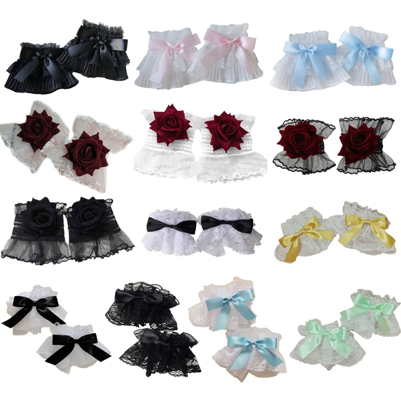 

Gothic Lolita Wrist Cuffs Sweet Satin Bow Ruffles Floral Lace Tulle Bracelet Wristband Japanese Maid Cosplay Hand Sleeve