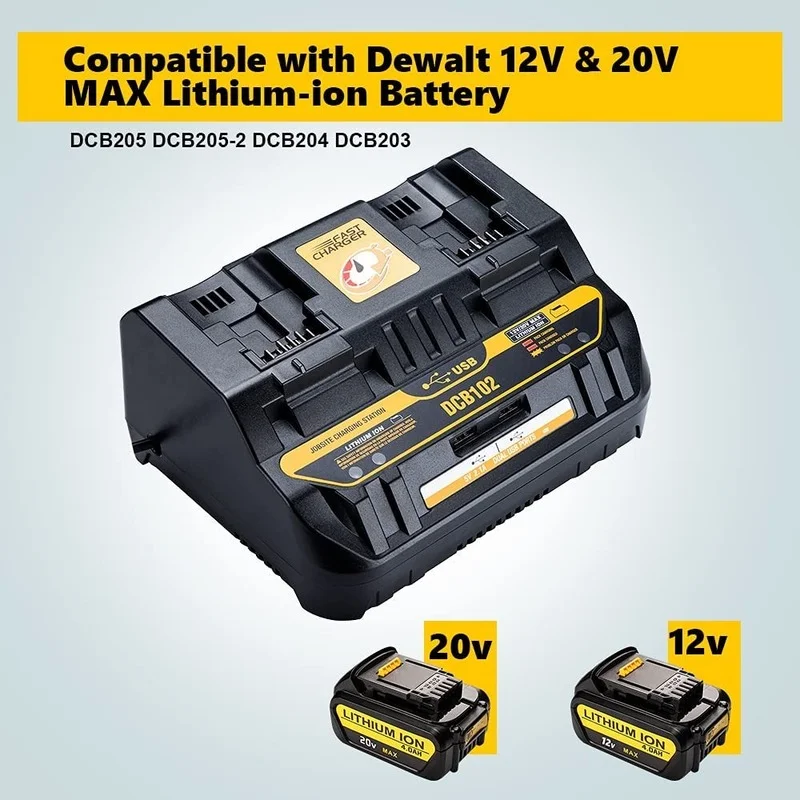 

Зарядное устройство для батарей Dewalt DCB102 Li-Ion с двумя USB-портами, быстрое зарядное устройство 4A, DCB200 DCB140 для Dewalt 14,4 в 18 в, зарядное устройство для батарей