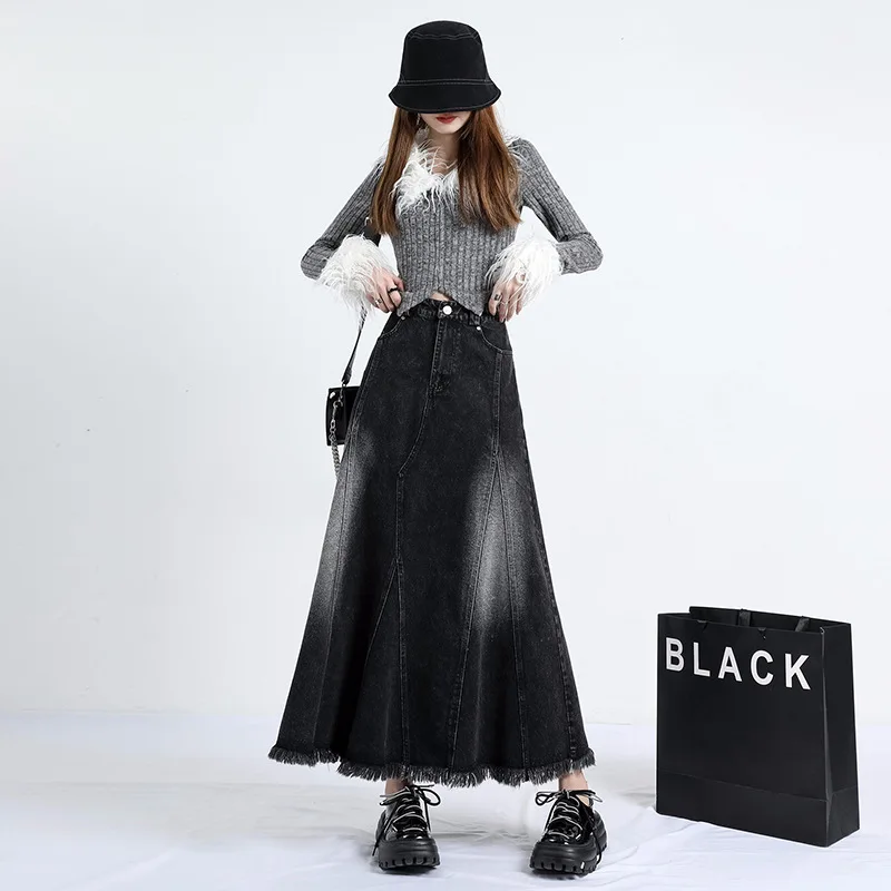 Women's Black Denim Skirts 2023 Summer Dimensionally Cutting Burr Hem High Waist A Line Long Skirt Washed Dress
