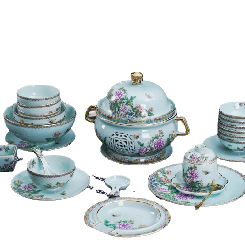

Chinese Style Bowl Dish & Plate High-End Celadon Glaze Tableware Set Housewarming Home Gifts Palace Style Gold Trim Ceramic
