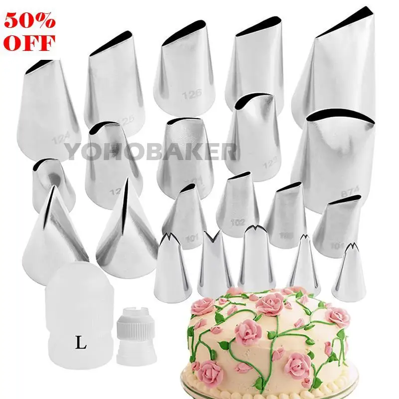 

23PCS Rose Leaf Kitchen Accessories Icing Piping Cream Pastry Tips 21 Stainless Steel Nozzle Set DIY Cake Decorating Tips Set
