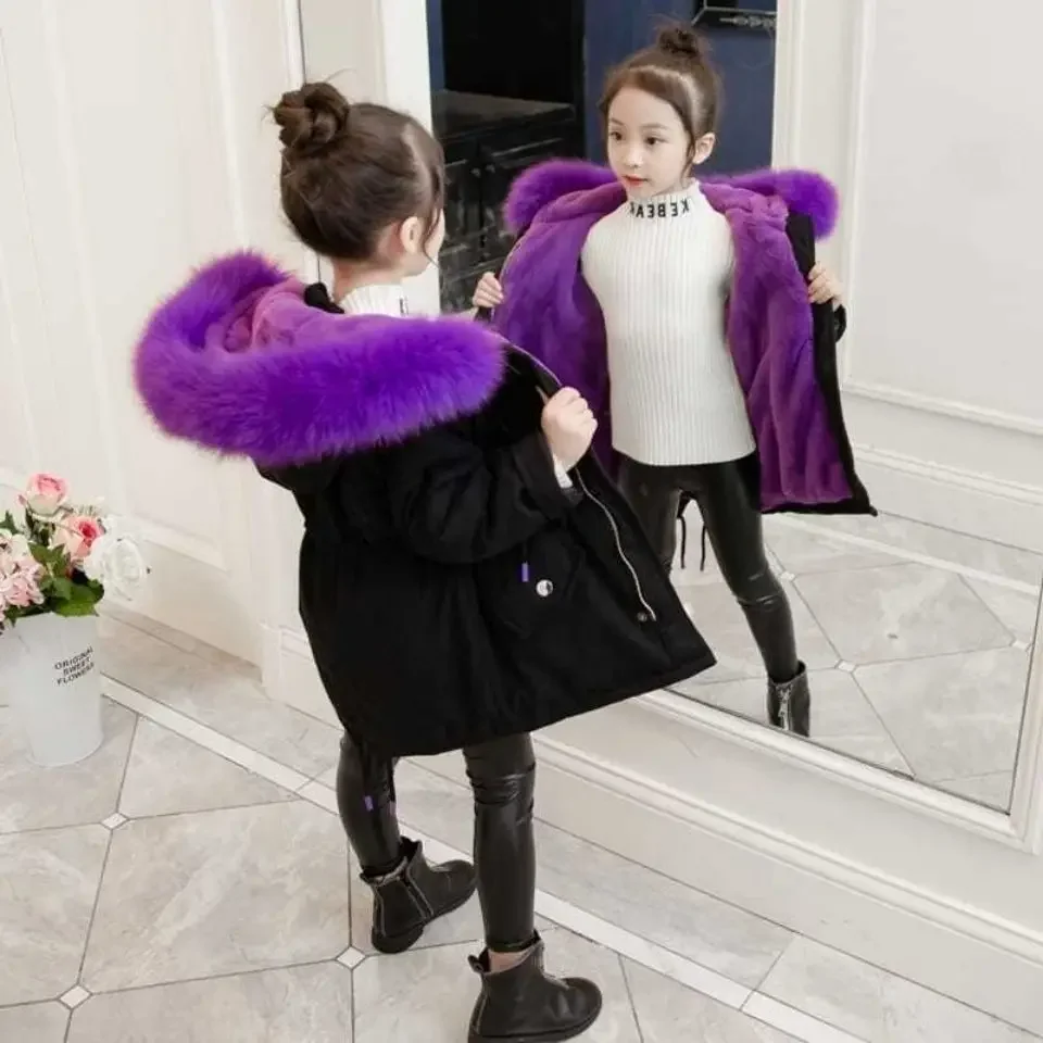 4-14 Years Teen Girls Coat Winter Plus Velvet Warm Windbreaker Jacket For Parka Snowsuit Fashion Hooded Children Outerwear