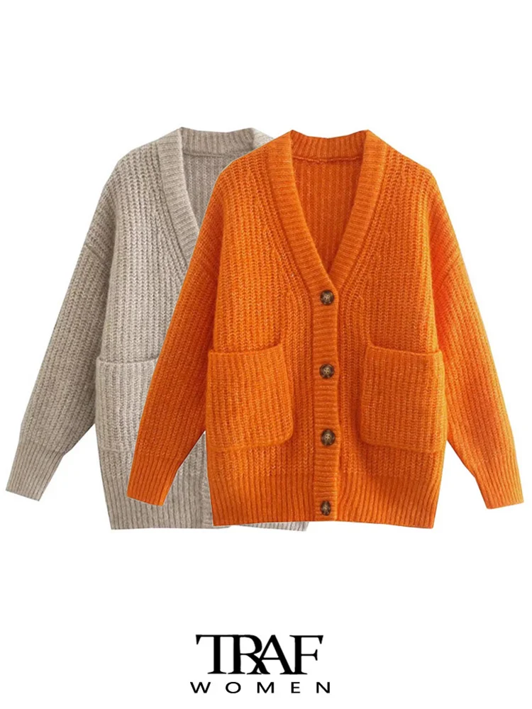 

TRAF Women Fashion With Pockets Loose Knit Cardigan Sweater Vintage Long Sleeve Button-up Female Outerwear Chic Tops