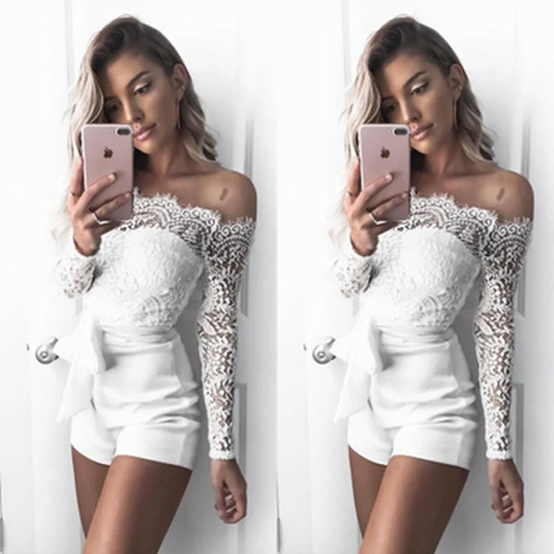 

2023 New Elegant Lace Overalls For Women Jumpsuit Lace Sexy Slash Neck Romper Jumpsuits Women Long Sleeve Long Bodysuit
