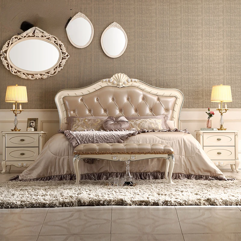 

French style leather double bed European rose carved pearly leather wedding bed master bedroom solid wood big bed