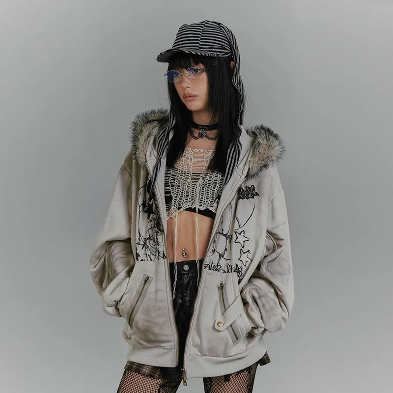 Классический стиль готический меховой воротник с кроличьими ушками толстовки Y2K