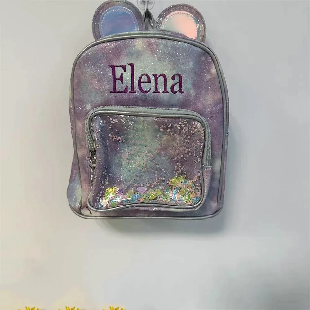 

Красивый рюкзак для девочек для отдыха под заказ с любым именем постепенное звёздное небо Подарочная сумка студенческие сумки с ушками мыши и вышивкой