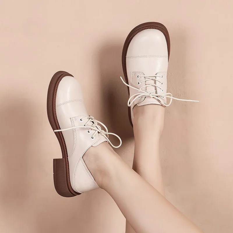

First Layer Cowhide Spring women's Shoes British Style Small Leather Shoes women's Deep Mouth Single Shoe Loose Big Head Retro