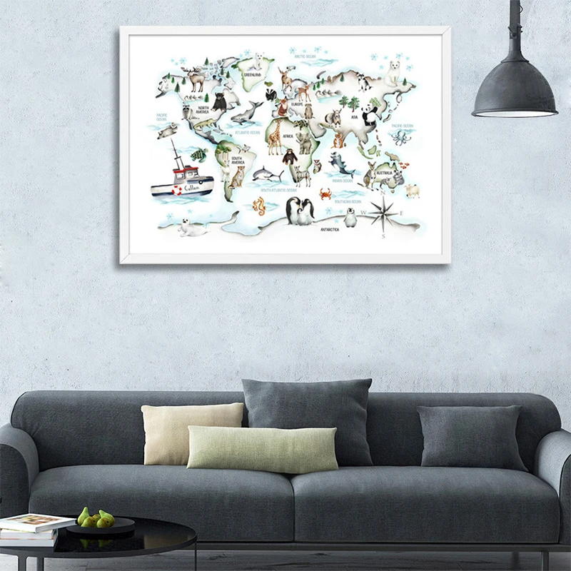 

Cartoon Animals World Map Wall Poster for Kids Room Decor Nursery Children Custom Name Personalized Print Art Canvas Painting