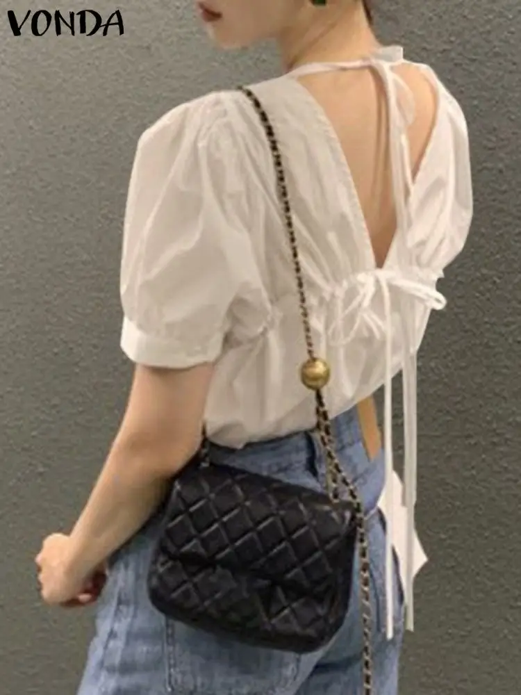 

Сексуальные топы, женские модные блузки 2023 VONDA, летние бандажные повседневные Однотонные блузки с коротким рукавом