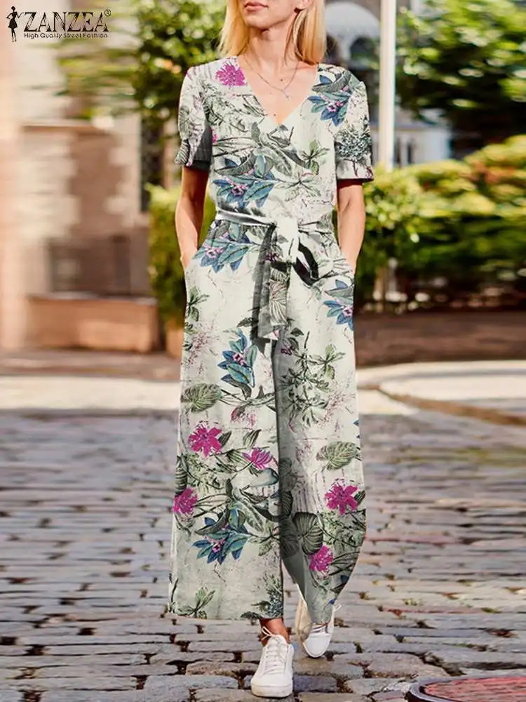 

ZANZEA Floral printed Vintage Jumpsuits Women Summer Side Pocket V-Neck Short Sleeve Belt Playsuits Bohemian Holiday Dungarees