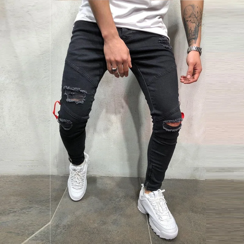 Men's Fashion Ribbon Hole Small Foot Slim Small Foot Zipper Jeans Four Seasons All-match denim jeans Streetwear Men
