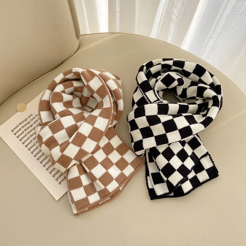 

Autumn Winter Checkerboard Knitted Scarf for Women Warm Fashion Winter Neckerchif Femme Thick Elastic Shawl Outdoor Keep Warm