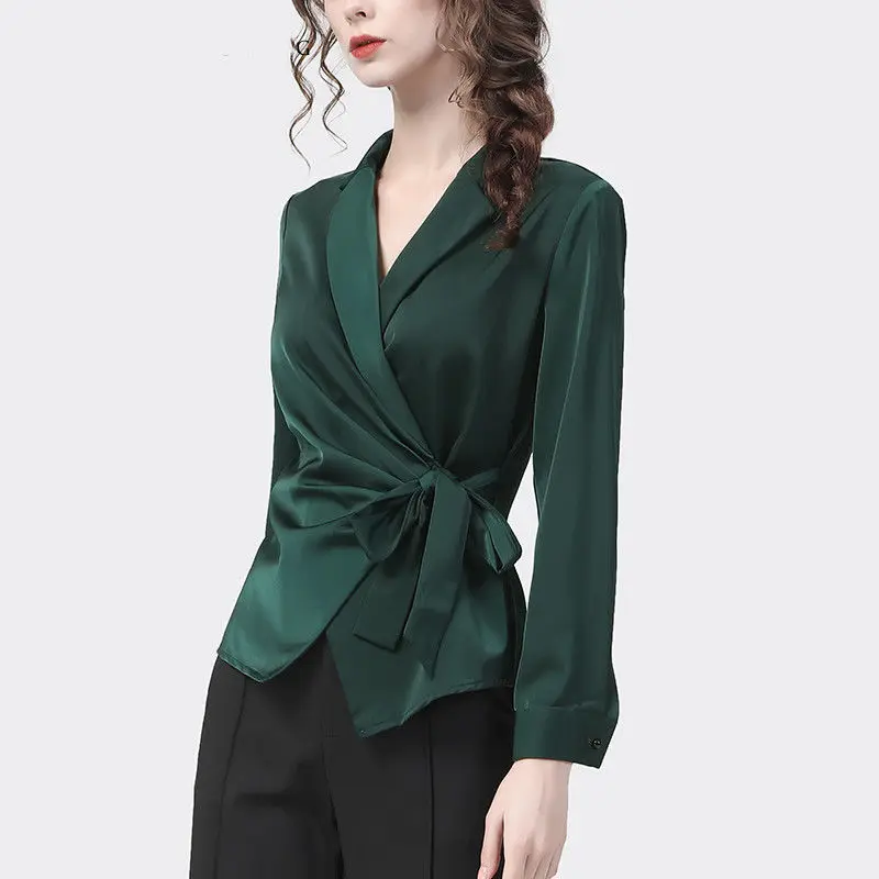 

Women's Satin Lace Up Elegant Shirt Ruched V-Neck Business Casual Office Lady Blouse Long Sleeve Slim Tops Blusas Mujer De Moda