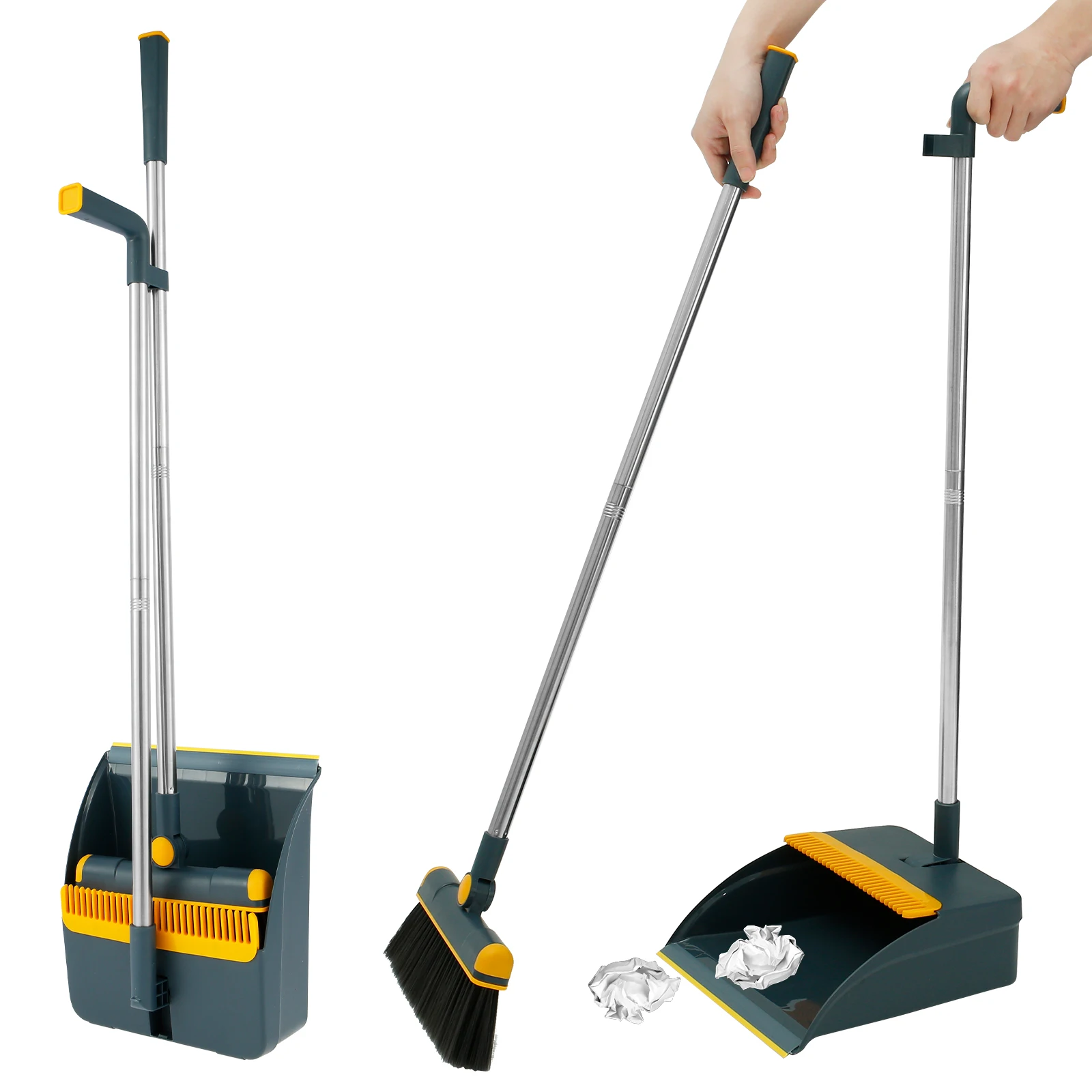 

Dustpan and Broom Set 180° Rotatable Standing Dustpan Brush Portable Dustpan Combo Set with Scraper Teeth Home Cleaning Products