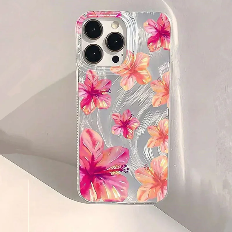 Фото Блестящий чехол для телефона для iPhone 17, 16, 15, 14, 13, 12, 11 Pro Max 16E 14 Plus 17 Air CWatercolor Hibiscus Flower Pattern Hard Cover №1