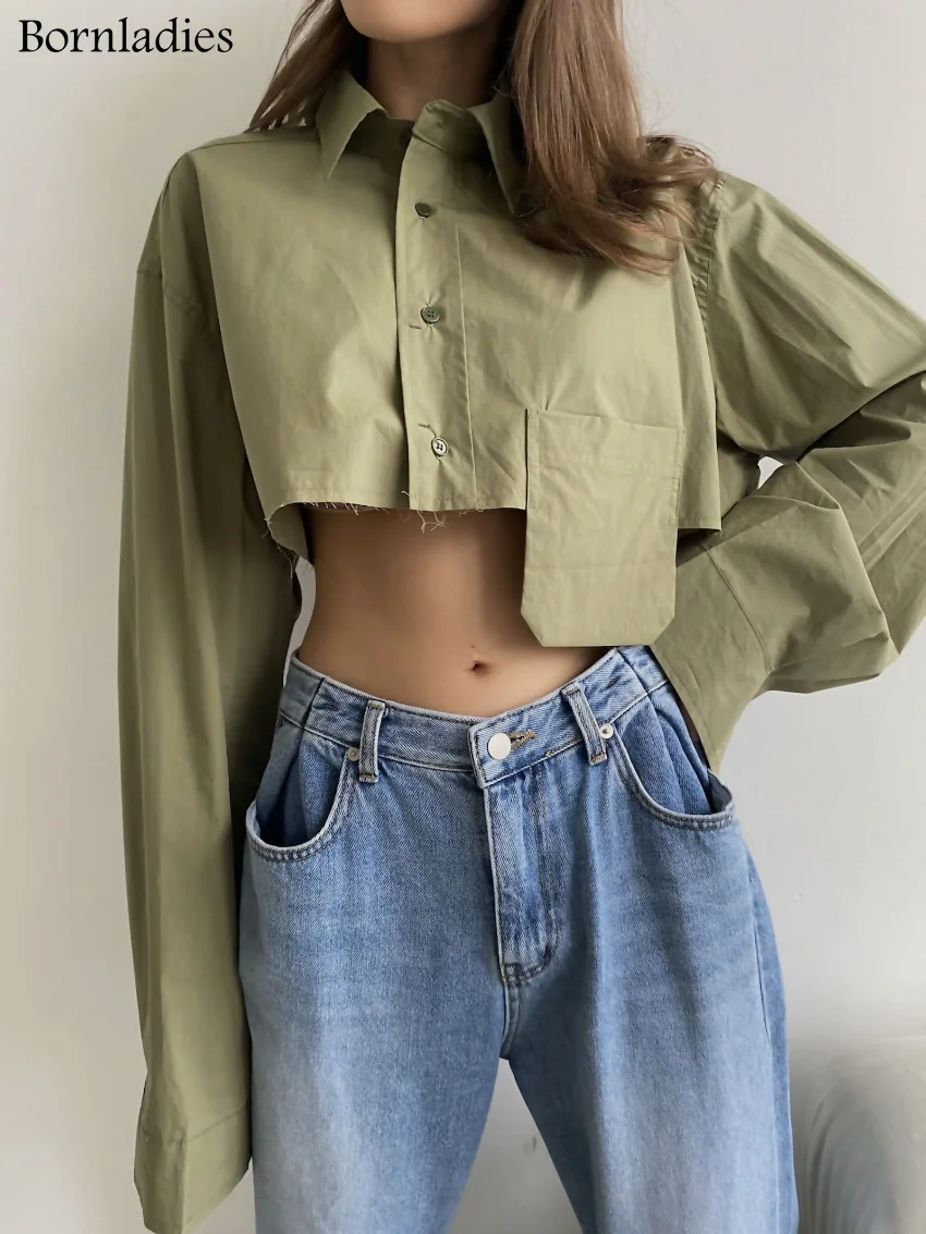 

Bornladies Women's 100% Cotton Shirt Long Sleeve Women Crop Shirt Blouse Elegant Office Ladies Pocket Shirt Short Work Wear Tops