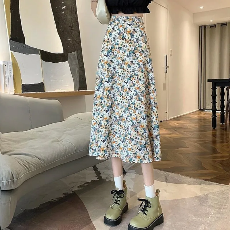 

Floral Skirt Women New Summer High Waist A-line Chiffon Mid Length