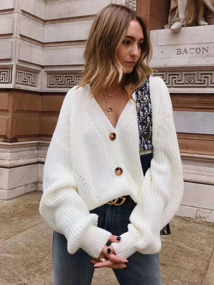 

Women Knitted Cardigans Sweater Fashion Autumn Long Sleeve Loose Coat Casual Button Thick V Neck Solid Female Tops 2023