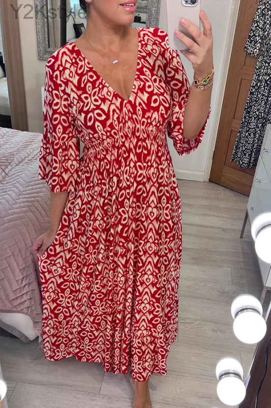 

Bohemian Casual Print V-neck Elasticated Waist Wrap Long Dress Summer Vintage Mosaic Print Maxi Dress Loose Frill Sleeve Chiffon