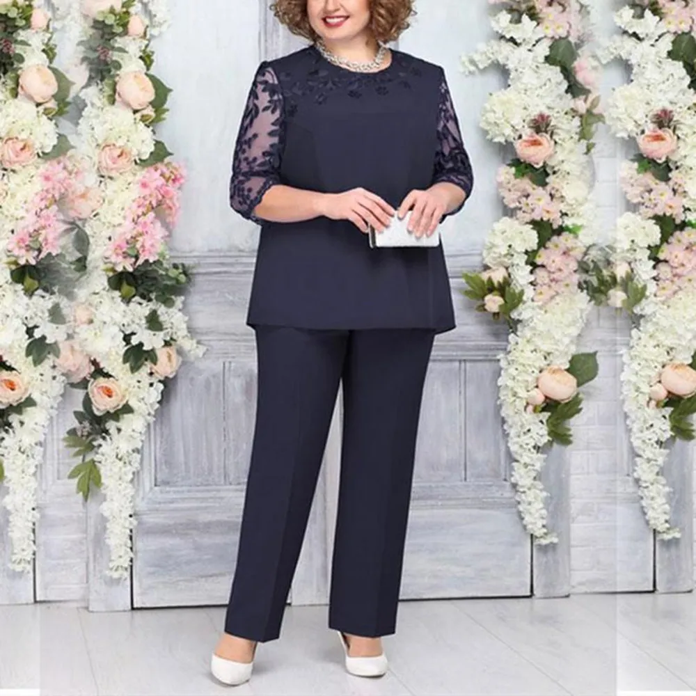 

Black Two Pieces Mothers Of The Bride Suits Jewel Neck Applique Lace Long Sleeves Chiffon Pantsuits For Groom Mother Outfit