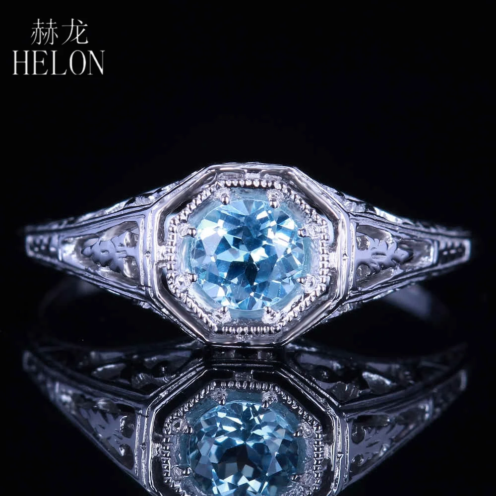 

HELON Solid 14K 10K White Gold Flawless Round 4.5mm Genuine Sky Blue Topaz Engagement Ring Women Vintage Trendy Jewelry Gift