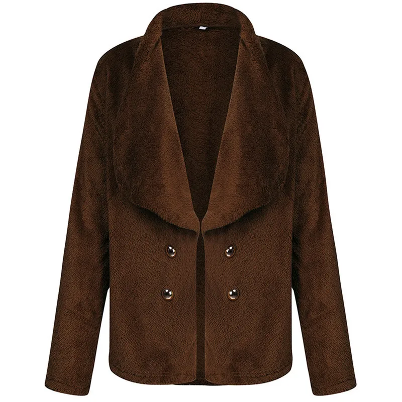 Women Button Casual Warm Outerwear Tweed Coat Mujer Solid Color Teddy Jacket Thick Faux Fur Lapel Collar Plush Overcoat Jackets