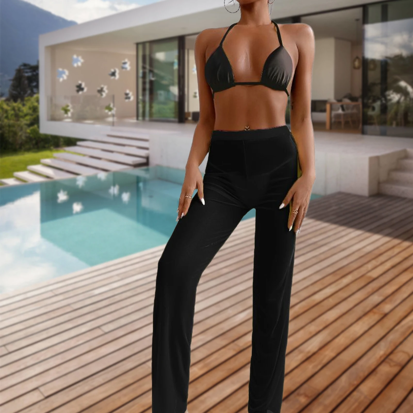 

Женские Купальники, пикантный комплект бикини из 3 предметов, однотонные сетчатые купальные костюмы с лямкой на шее и высоким вырезом для водных видов спорта с накидкой и брюками