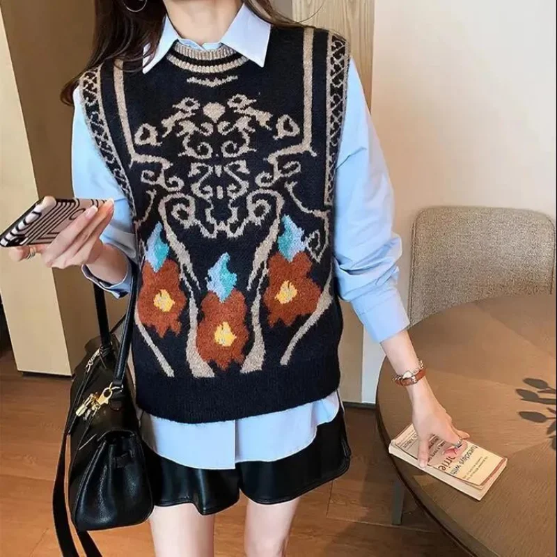 

Women Loose Knitted Vest Sweater Retro High Street Print Sweet Cute O-Neck Sleeveless Sweater Female Ulzzang Girl Tops