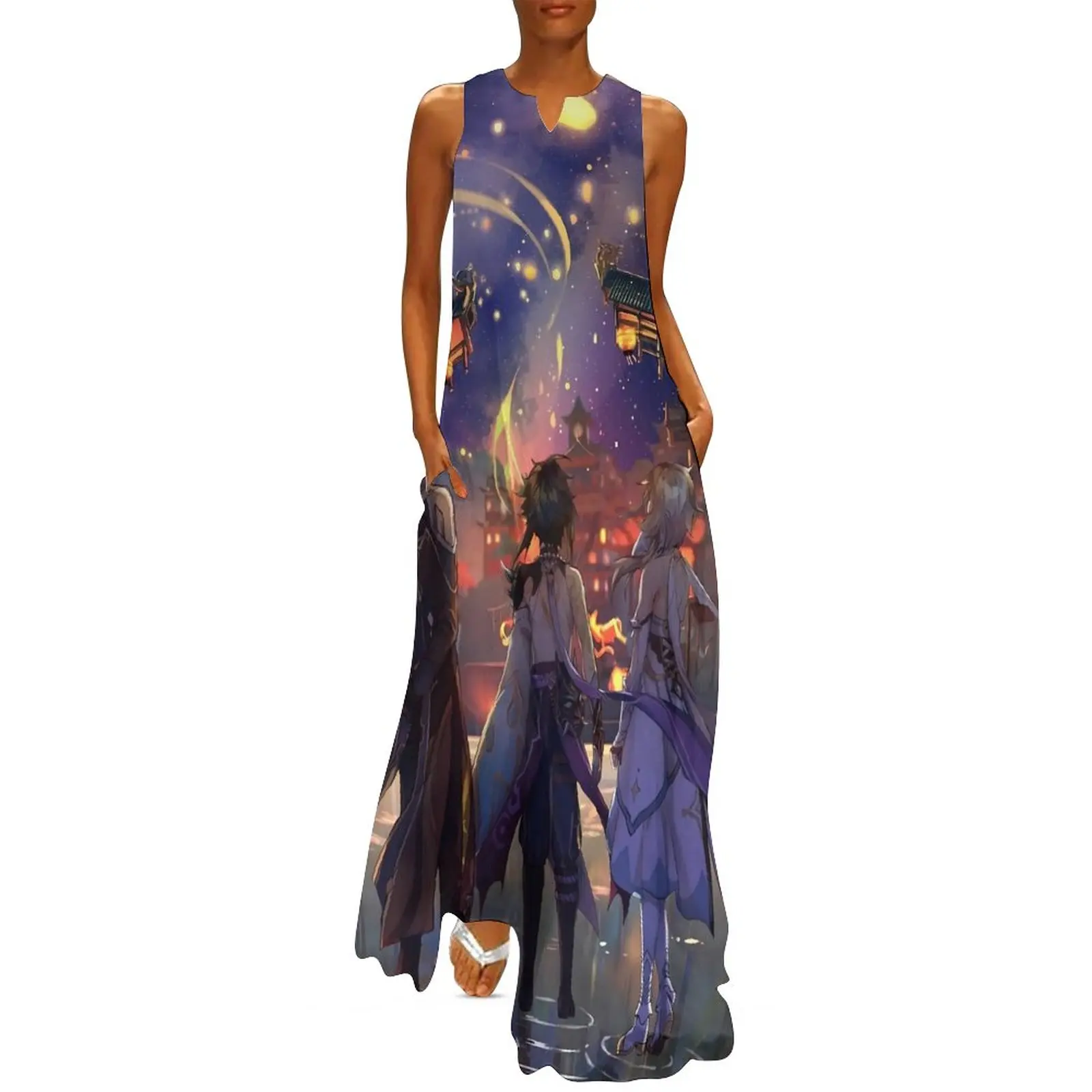 

Genshin Impact Dress Summer Anime Print Korean Fashion Boho Beach Long Dresses Female Design Sexy Maxi Dress Big Size 5XL