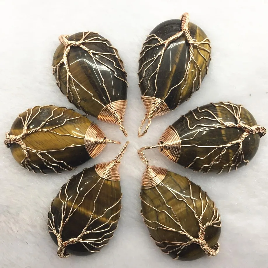 

Teardrop Tiger Eye Stone Crystal Gold Color Wire Wrap Handmade Tree of Life Drop Shape Natural Pendants