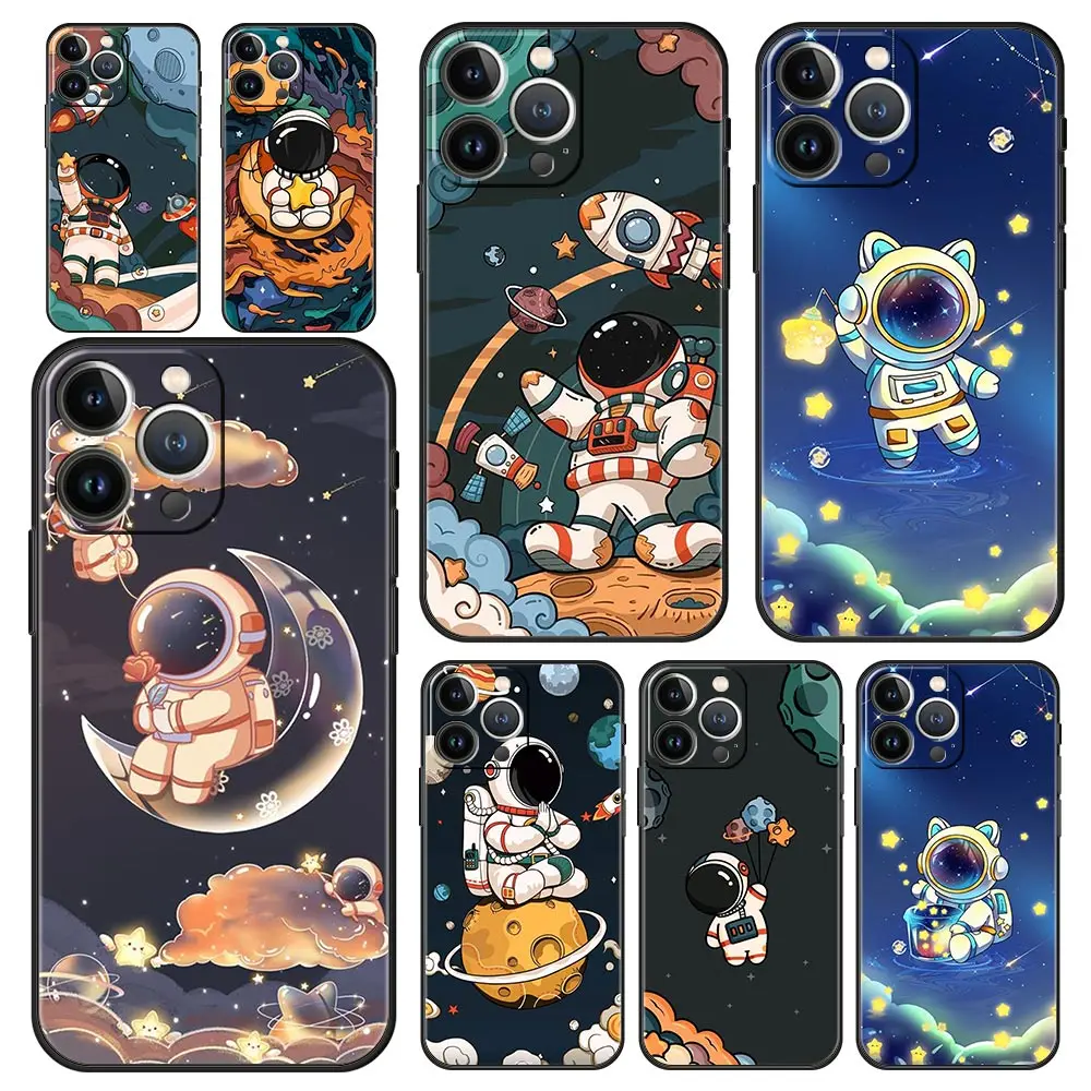 

Luxury Phone Case For iPhone 14 11 Pro Max 13 12 mini XS X XR SE3 7 8 Plus Soft Black Cute Cartoon Astronaut Cover Protect Funda