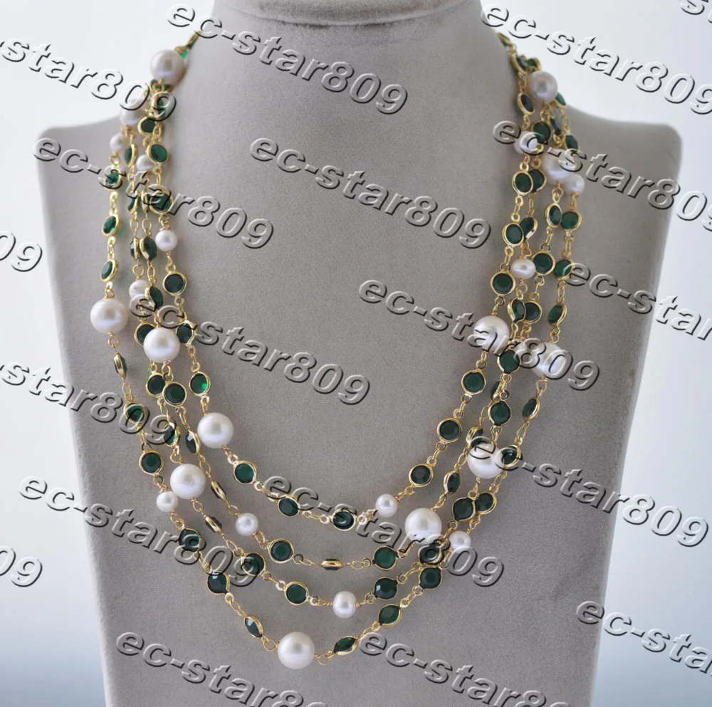 

MCT·STAR Z11311 72" 11mm White Round Pearl Green Gemstone CZ gold-plating Chain Necklace