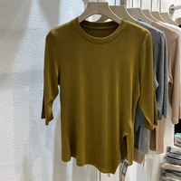 modal split threaded mid sleeve t shirt women casual spring autumn new korean solid color slim bottoming shirt ladies top trendy