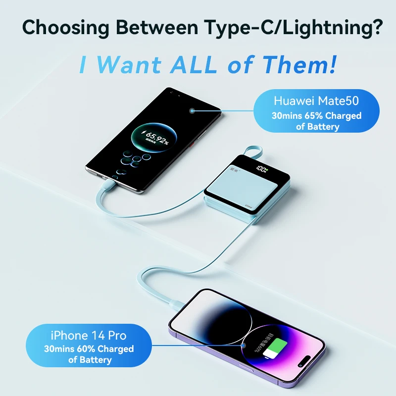 Zime Mini Power Bank 10000mAh Built-in Dual Fast Charging Cables 22.5W Powerbank Portable Battery Charger for iPhone 14 13 Pro