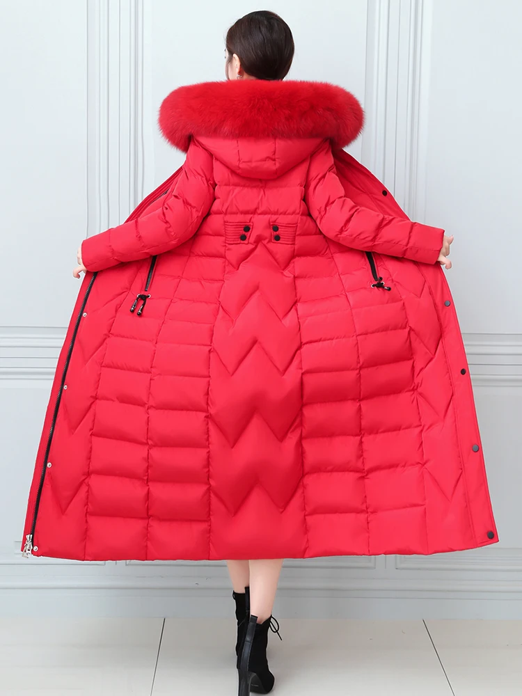 New Women Winter Down Coat Fashion Thicken Warm Real Fox Fur Collar Lengthened Down Jacket Detachable Hooded Slim Overcoat