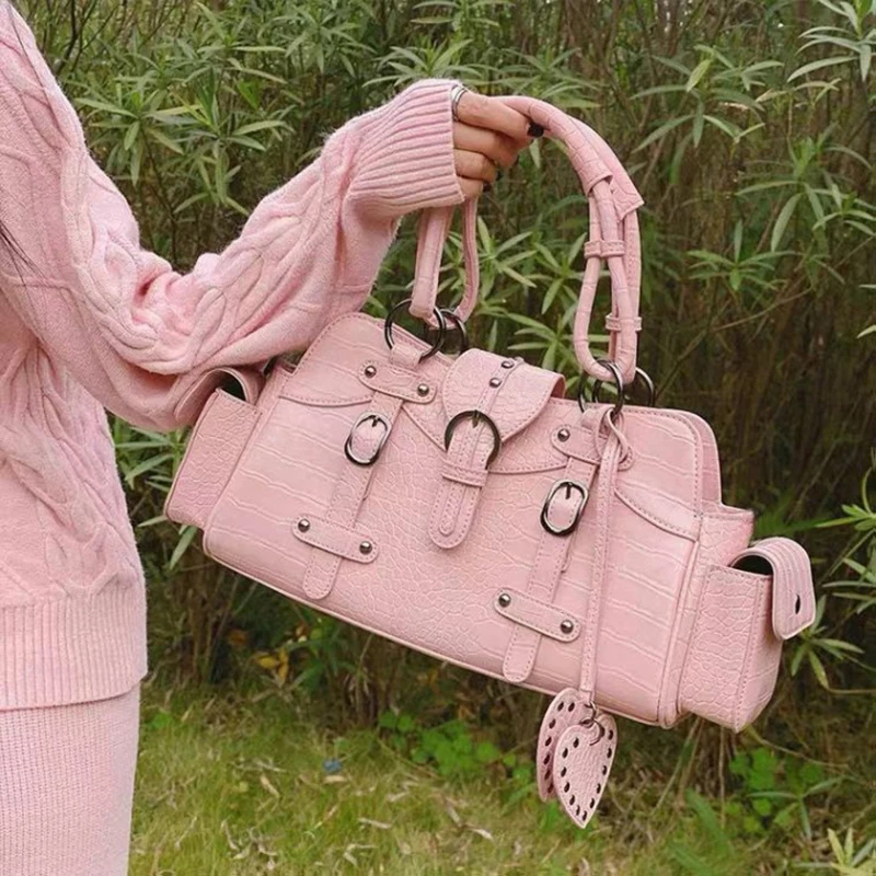 

Xiuya Vintage Y2K Style Womens Leather Bag Crocodile Pattern Gothic Rivet Female Handbags Pink Crossbody Bags Big Tote Aesthetic