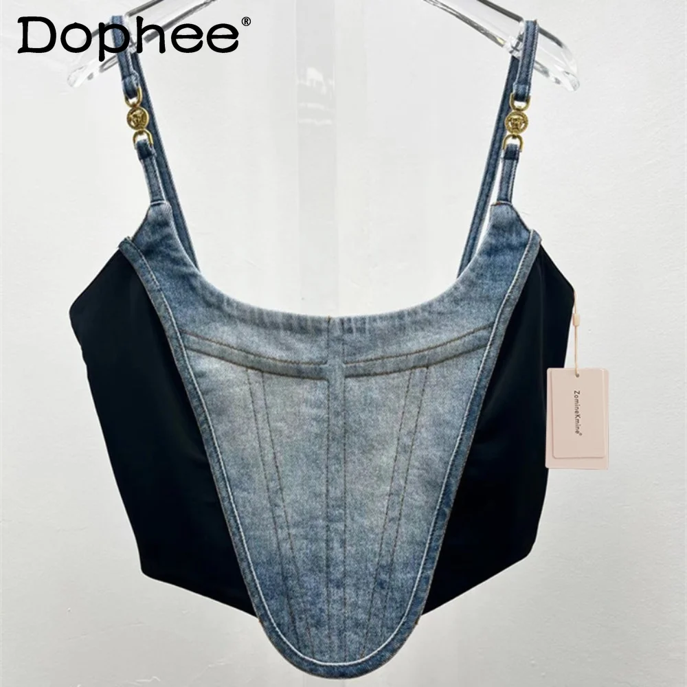 

Джинсовая майка с нишевой строчкой, женский жилет, Новинка лета 2023, пикантная верхняя одежда с открытой спиной, майки, женская одежда на бретельках Y2k