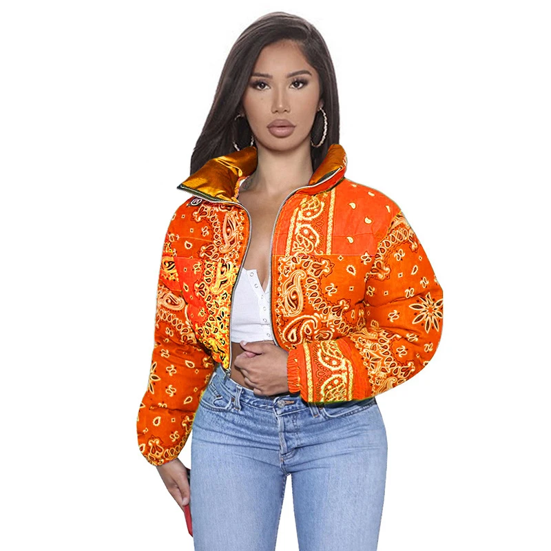 Women 2021 Winter Fashion Warm Parkas Casual Zipper Up Puffer Outerwear Bandana Coats Floral Printed Bubble Jackets for Female