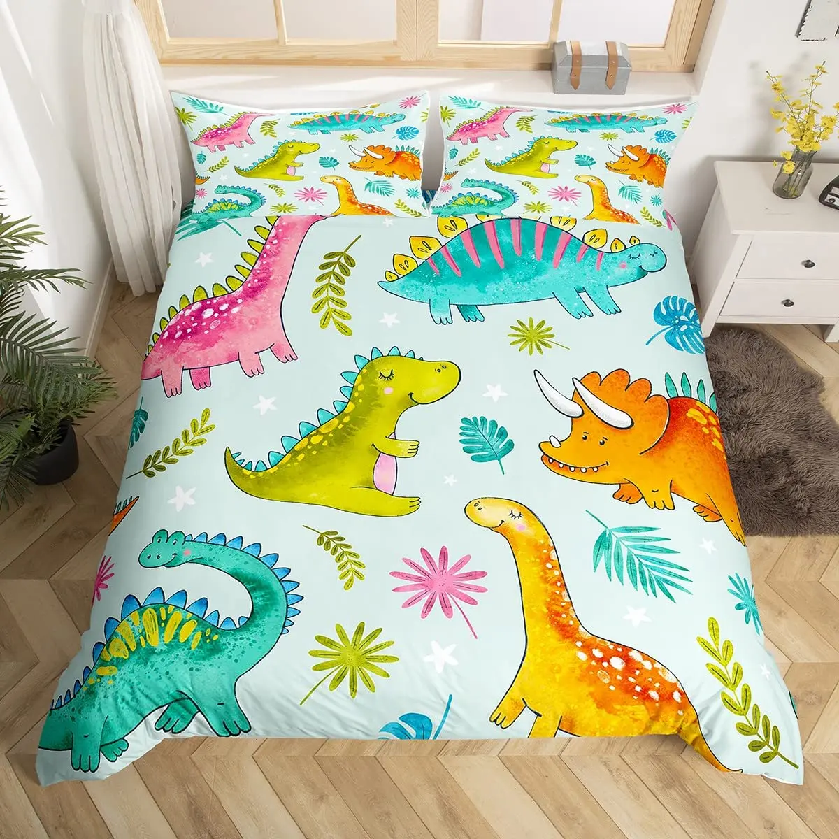 

Kids Dinosaur Duvet Cover Rainbow Dino Bedding Set Gradient Animal Cute Comforter Cover Cartoon Wildlife Polyester Quilt Cover