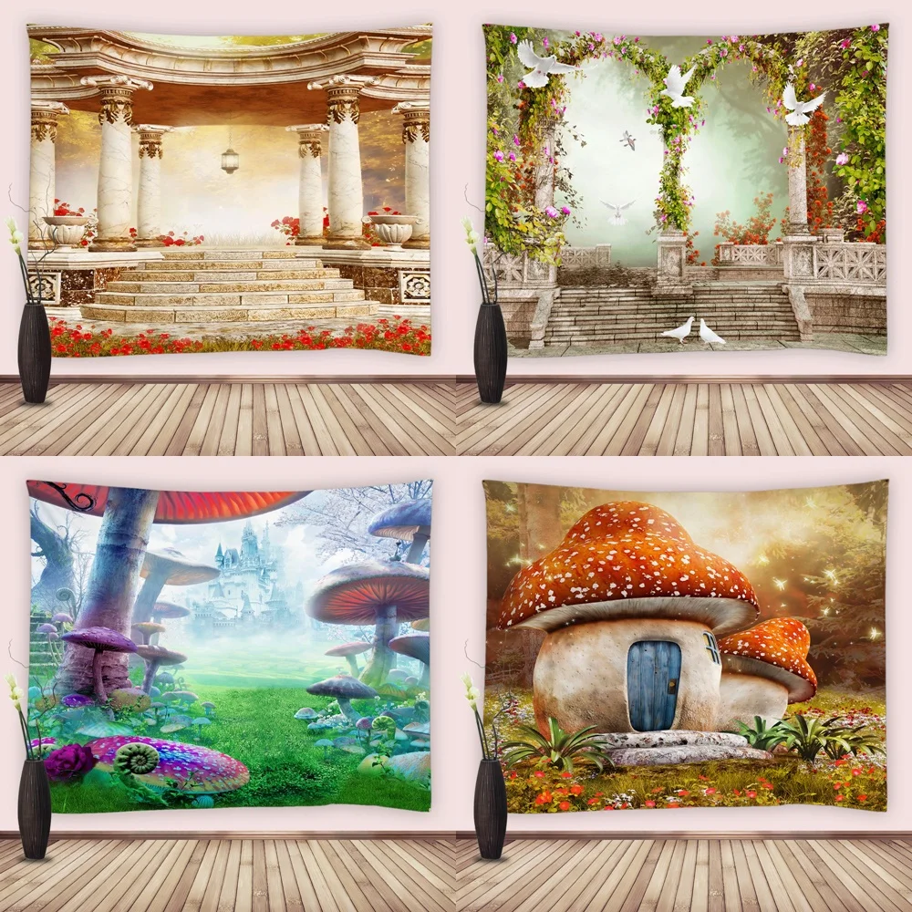

Landscape Mushroom Houses Tapestries Wall Hanging Aesthetic Psychedelic Forest Tapestry for Home Living Room Bedroom Dorm Decor