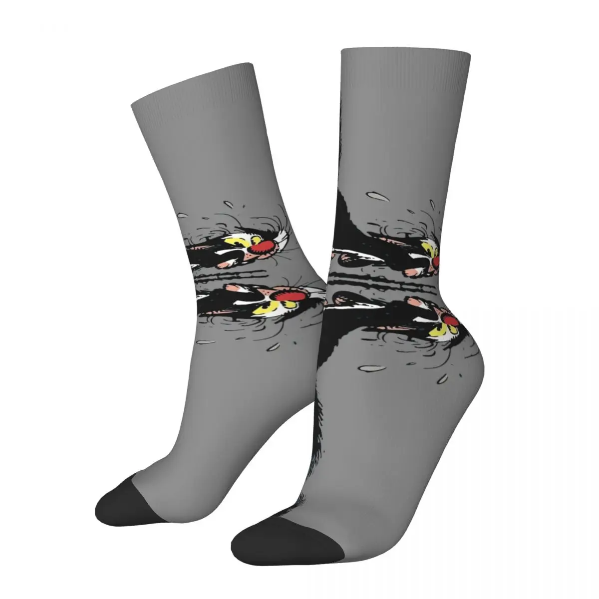 funny happy men's compression socks cat scared retro harajuku gaston lagaffe comics street style novelty pattern crew crazy sock