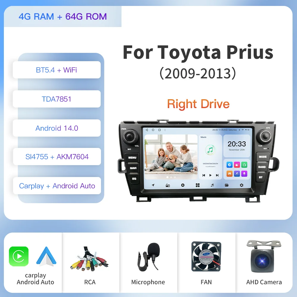 

Kapud 9 дюймов Android 14 2 Din автомобильное радио стерео мультимедиа для Toyota Prius 2009-2013 XW30 Carplay авто навигация Wi-Fi DSP 360 BT