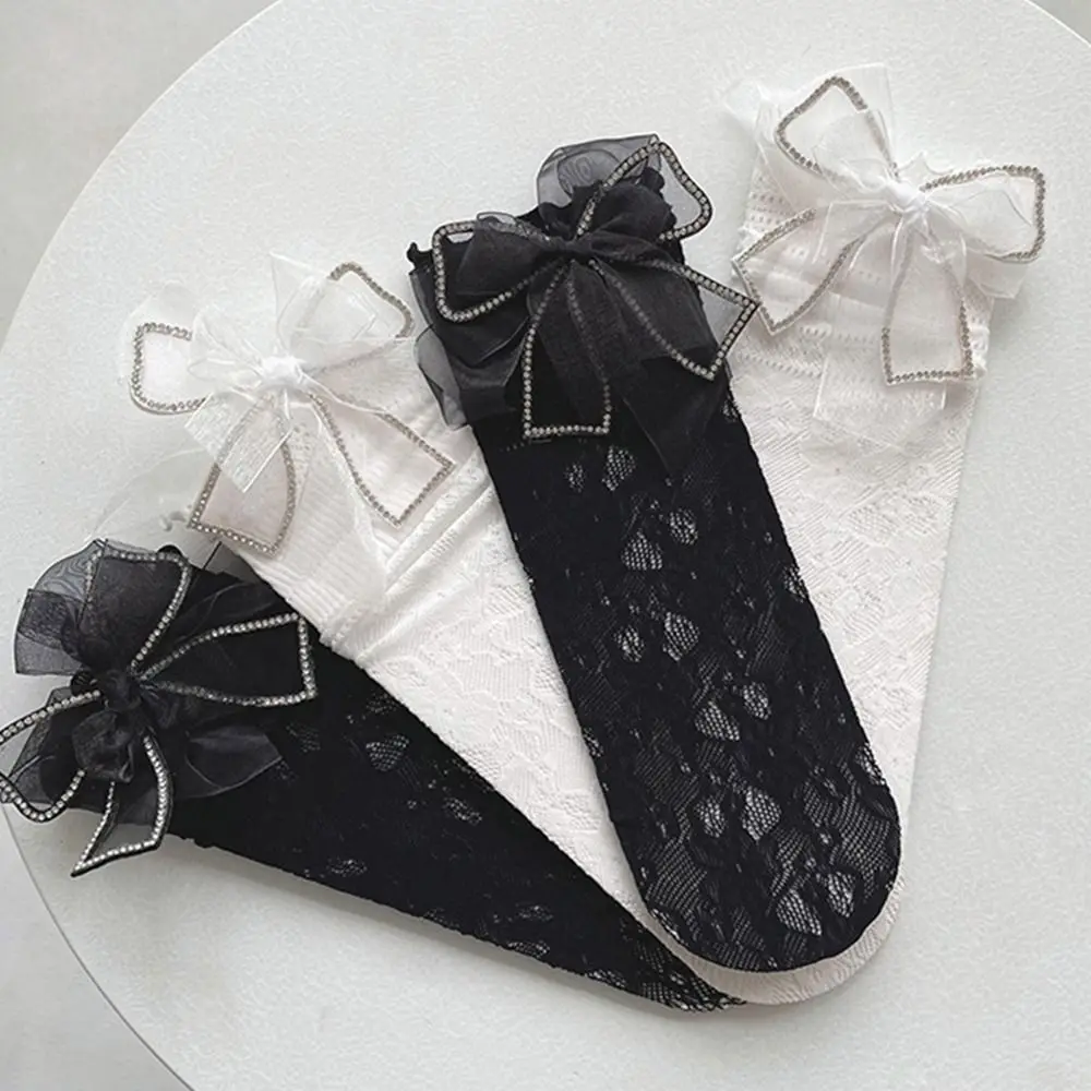 

Children Girl Lolita Lace Jacquard Mesh Stockings Kids Knee High Socks Toddler Summer Princess Bow Hollow Out Calf Stockings