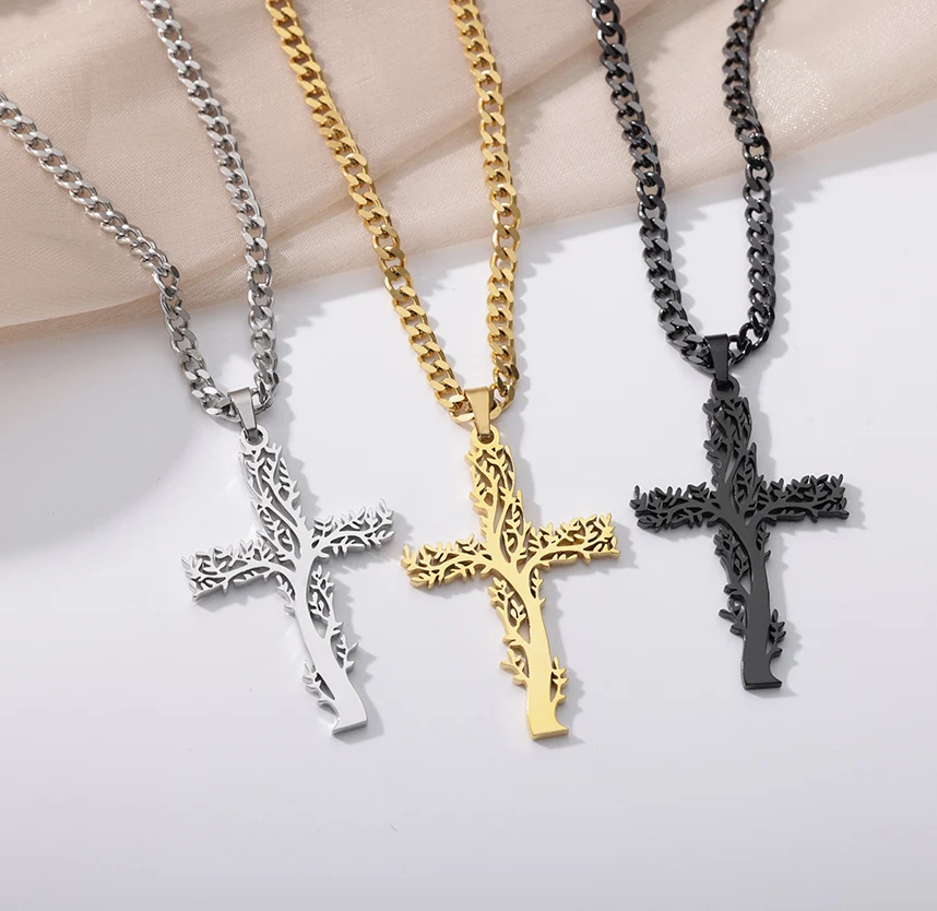 

Tree of Life Cross Stainless Steel Necklace For Women Men Black Silver Color Statement Necklace Aesthetic Collar Jewelry