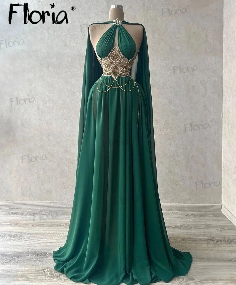 

Изумрудно-Зеленое Шифоновое ТРАПЕЦИЕВИДНОЕ платье для выпускного вечера с золотистыми бусинами, прозрачная накидка, вечерние платья для женщин, яркое женское платье