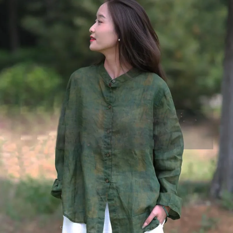 Ранняя осень оригинальный дизайн свободная тонкая рубашка Ramie с длинными