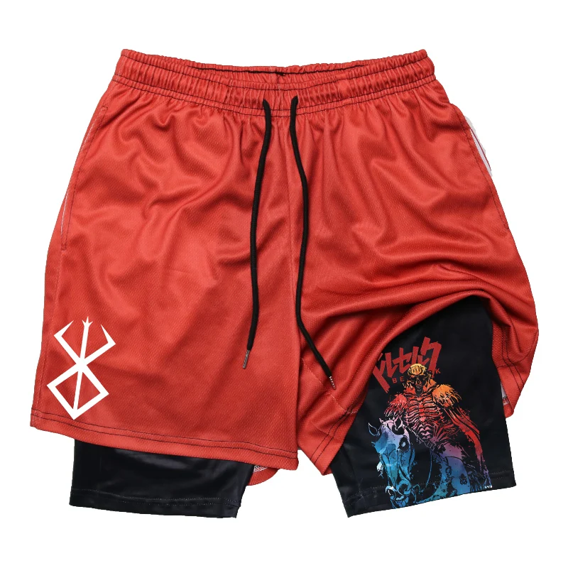 2-in-1 Performance Shorts for Men Anime Berserk Print Quick Dry Gym Shorts with Compression Liner Male Fitness Workout Jogging
